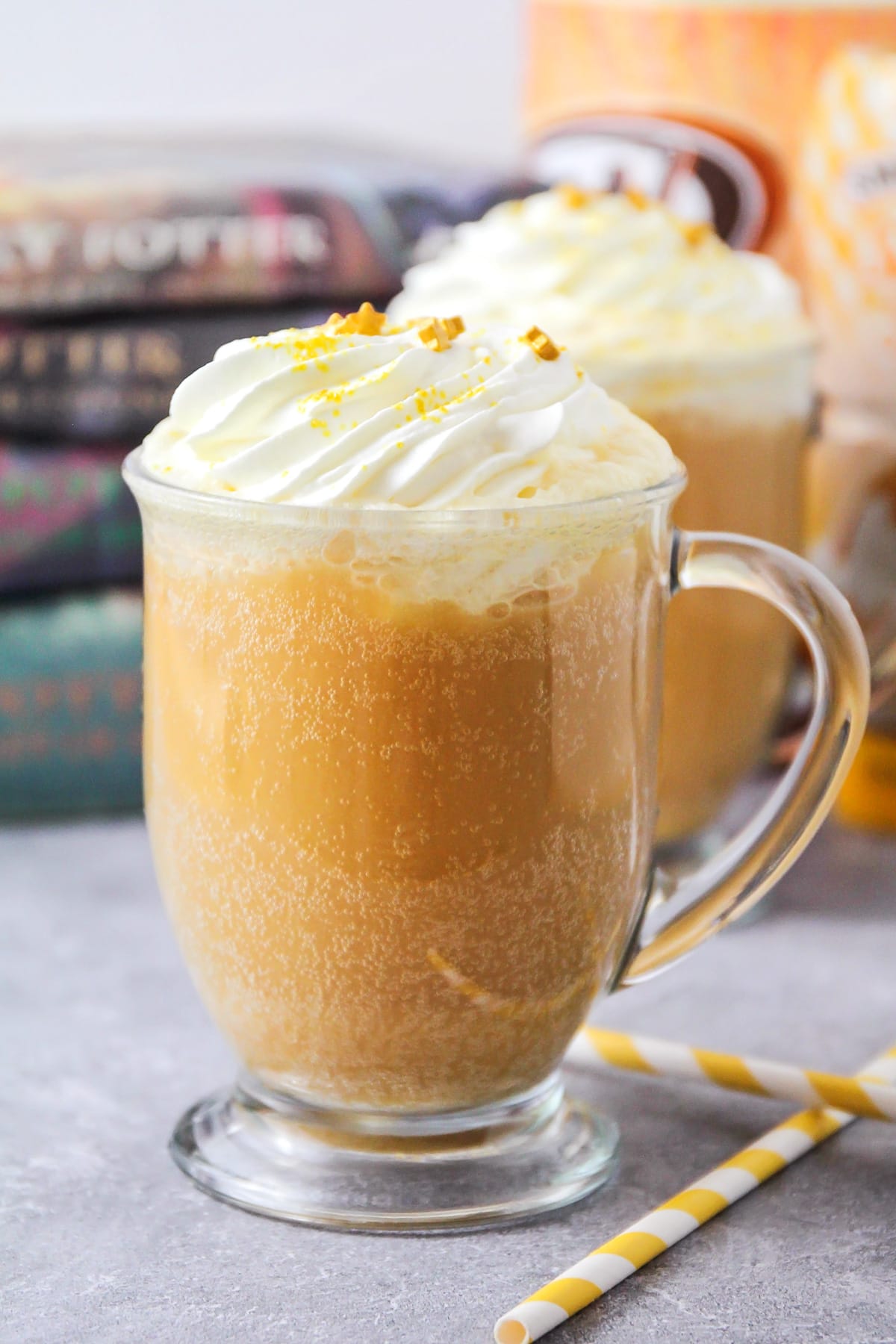 Close up image of homemade butterbeer recipe.