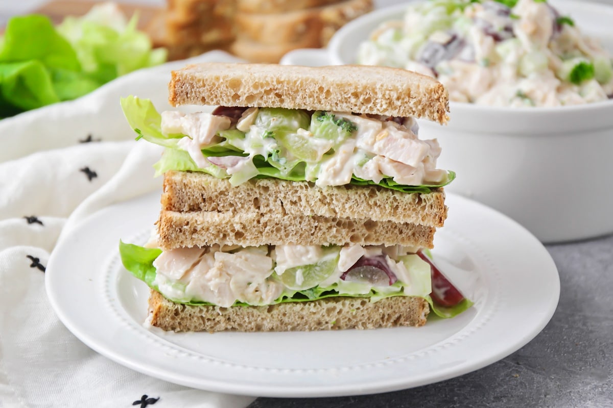 Chicken salad with grapes served as aa sandwich on a white plate.