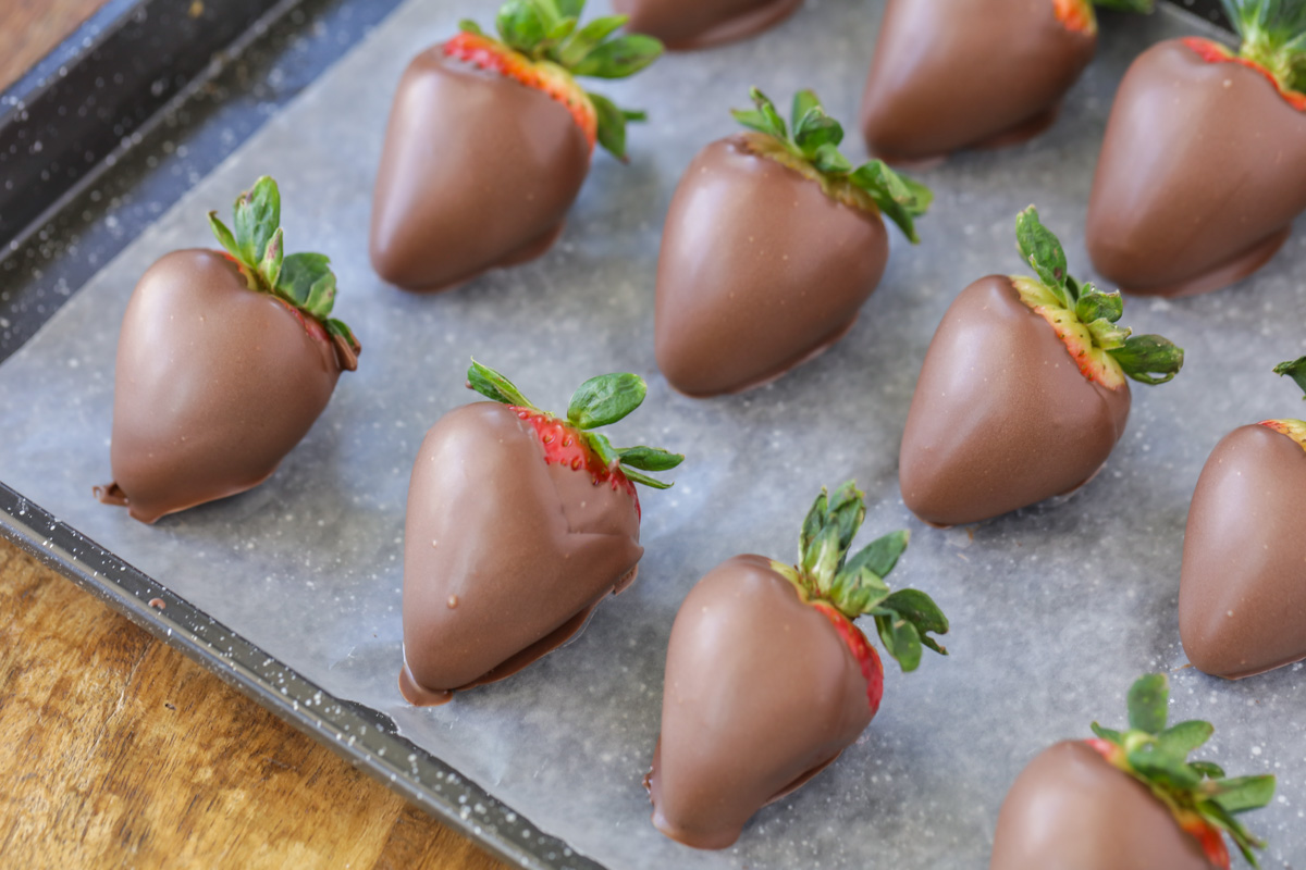 Chocolate dipped strawberries on parchment paper
