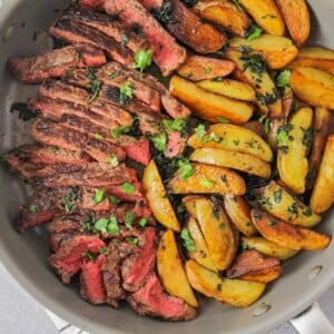 Sliced steak and potatoes in a skillet.