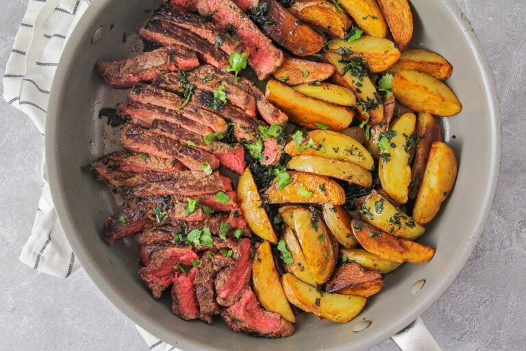 Sliced steak and potatoes in a skillet.