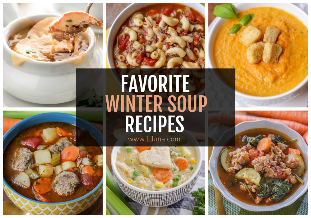 A collage of different winter soups