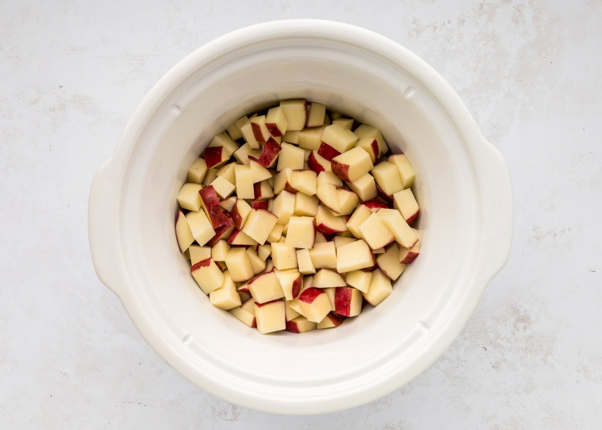 Slow cooker baked potato soup in crock pot.