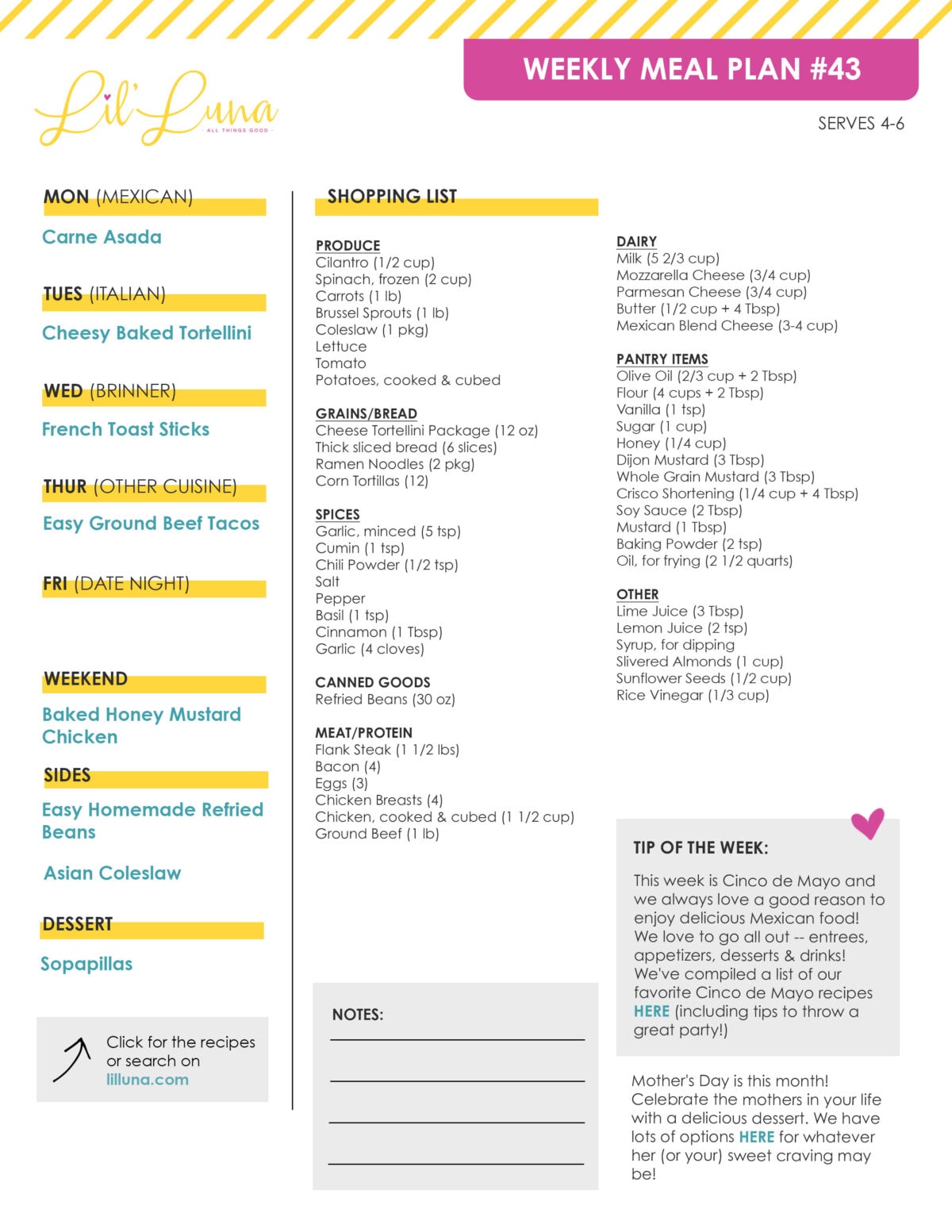 Printable grocery list for Meal Plan #43