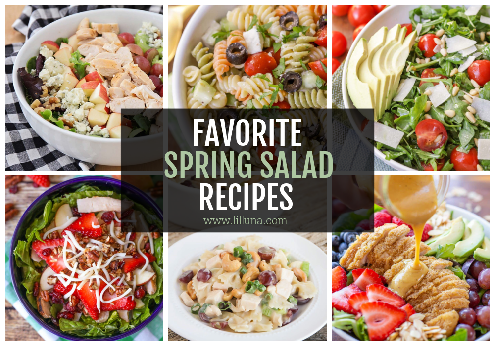 A collage of multiple spring salad recipes.