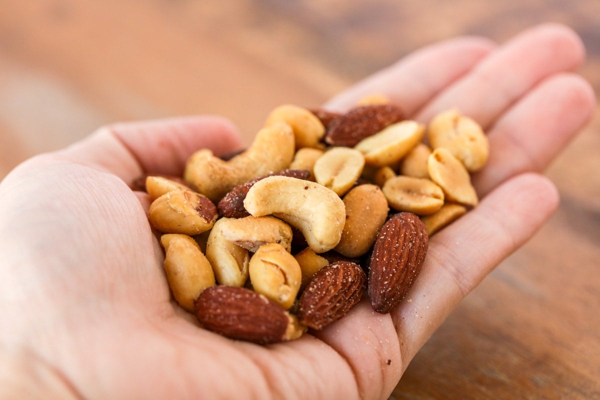 Handful of a variety of nuts for chex mix.