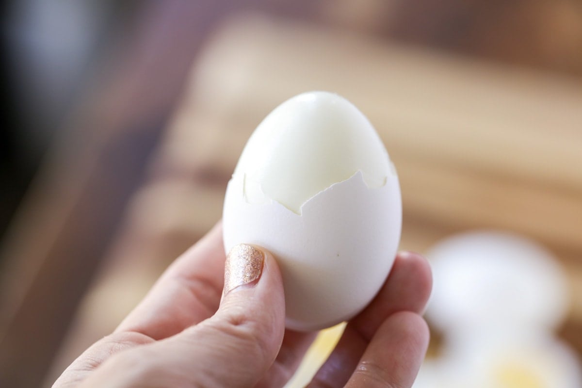 Close up of easy peel hard boiled eggs