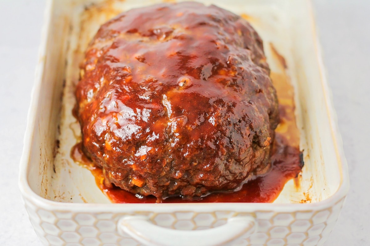 Glazed easy meatloaf in a casserole dish.