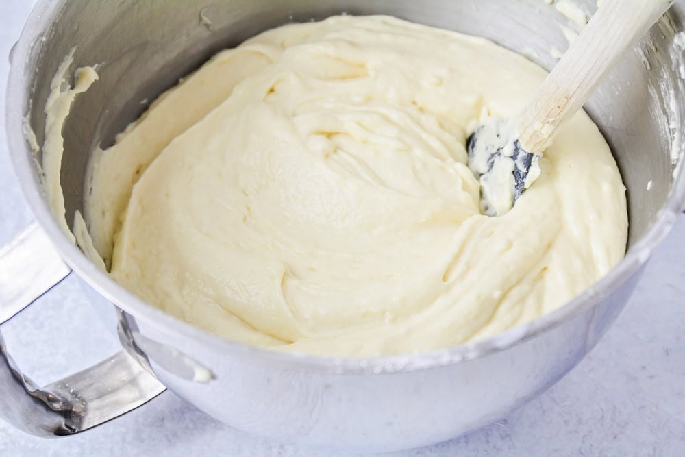 Vanilla cake batter in mixing bowl.