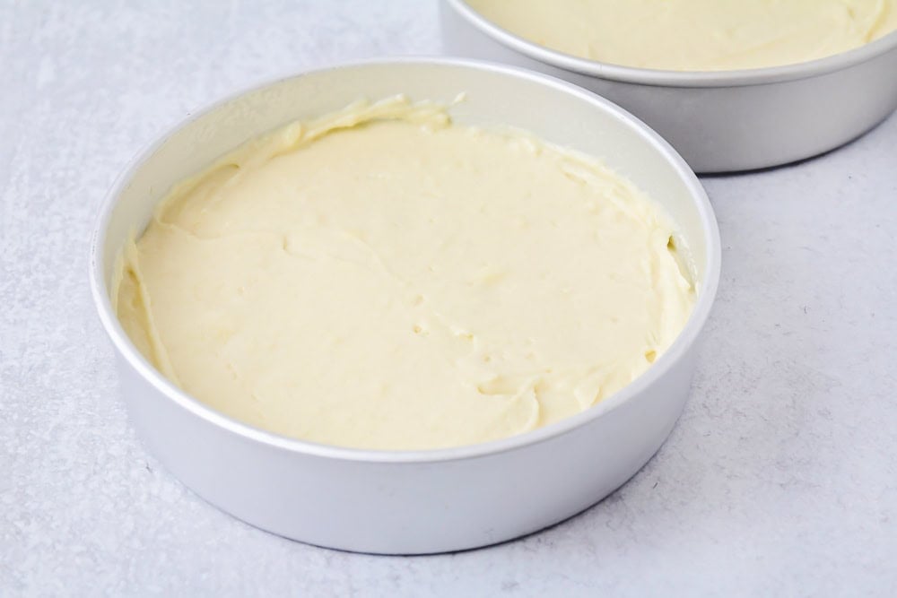 Cake batter poured into circle pans.