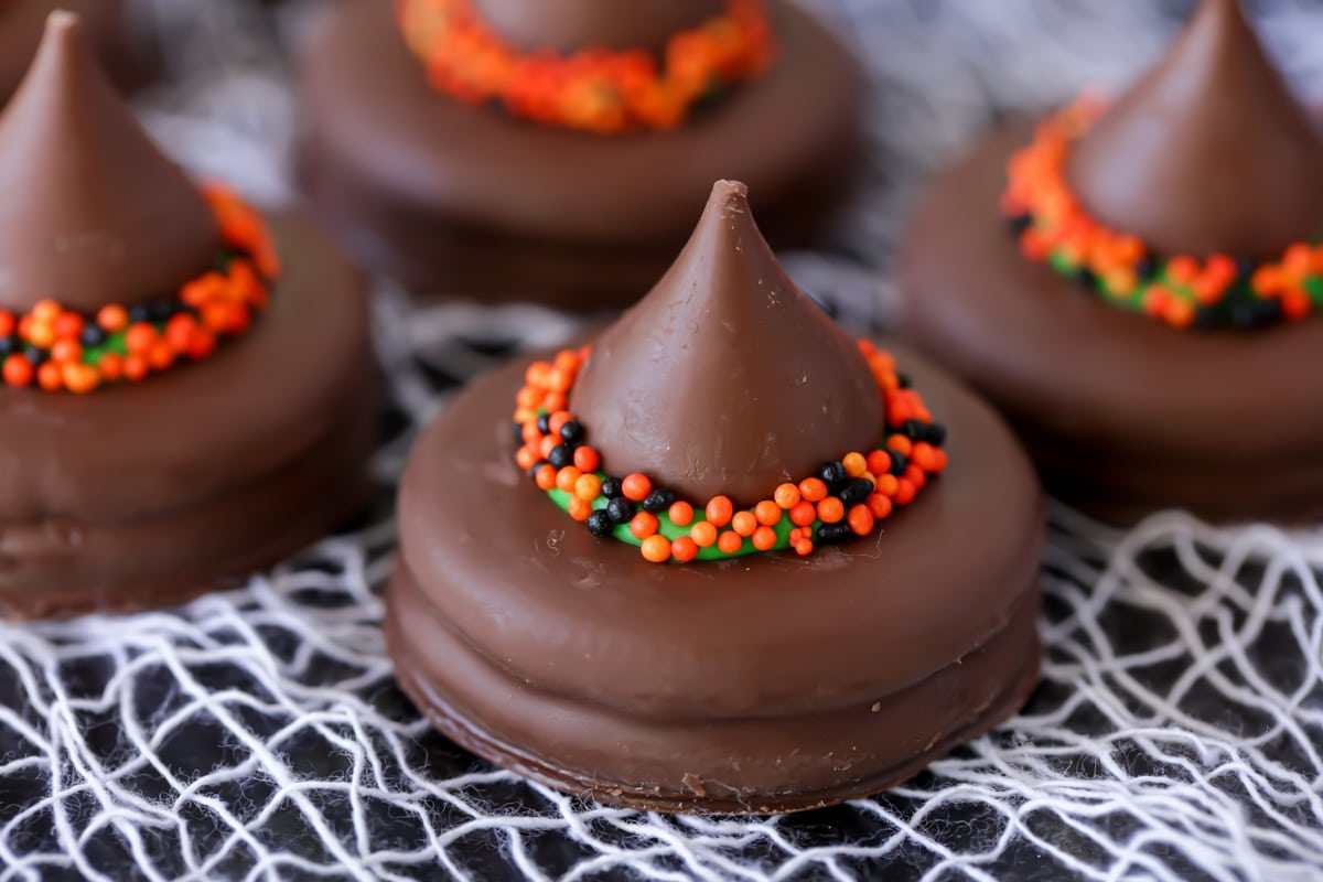 Close up of completed witch hat cookies.