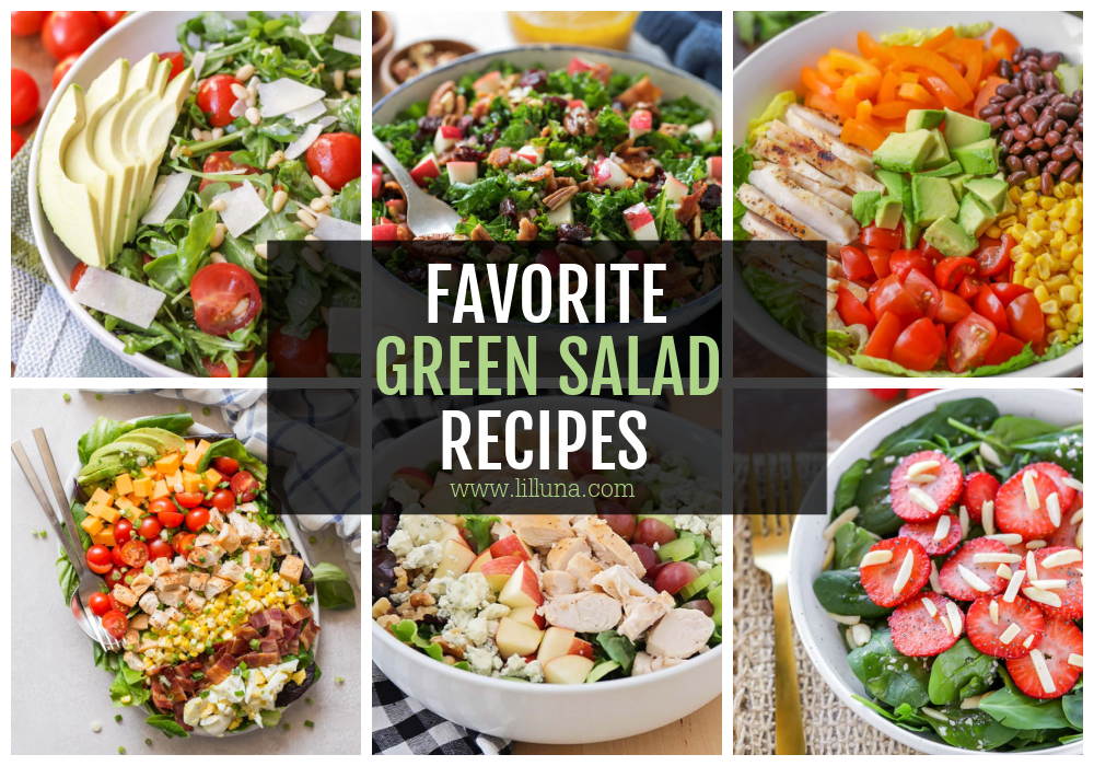 A collage of multiple green salad recipes.