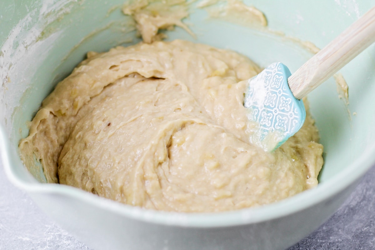 Banana bread batter in bowl