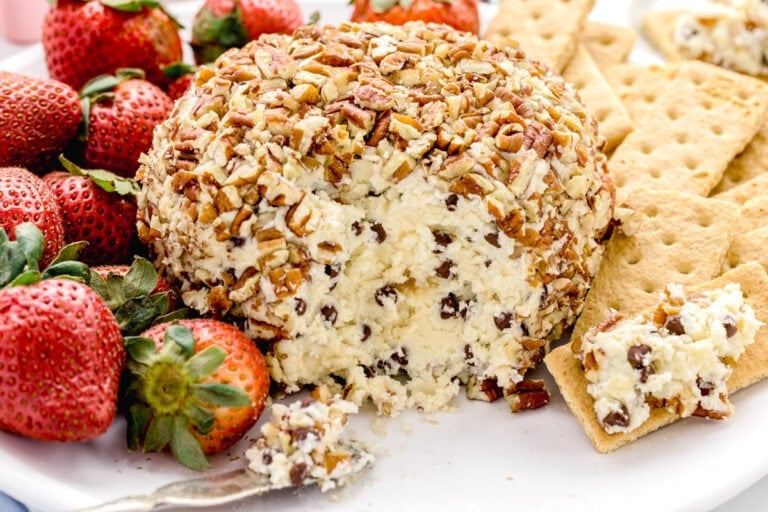 A chocolate chip cheese ball covered in nuts with a piece missing.