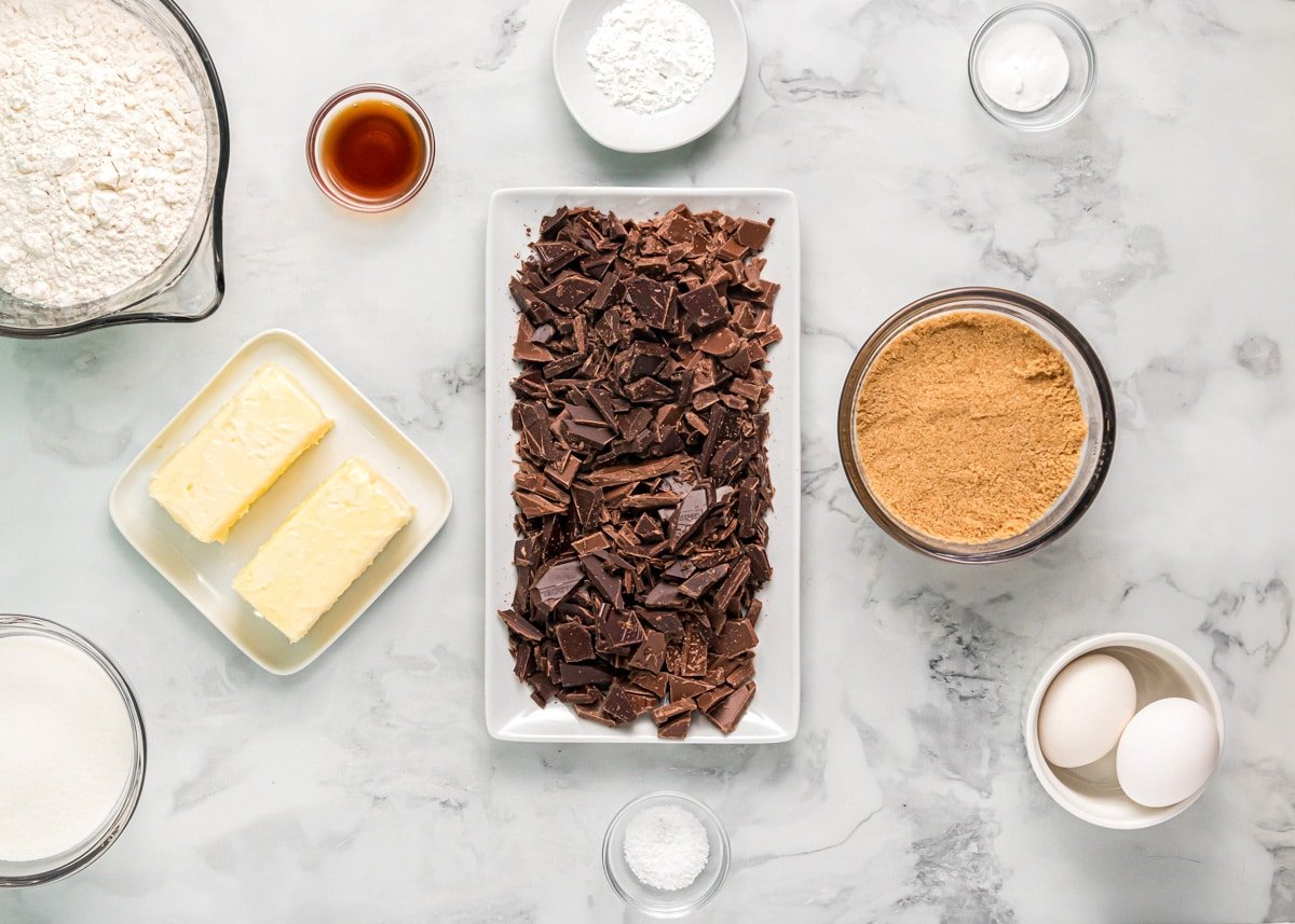 Easy chocolate chunk cookie recipe ingredients laid out.