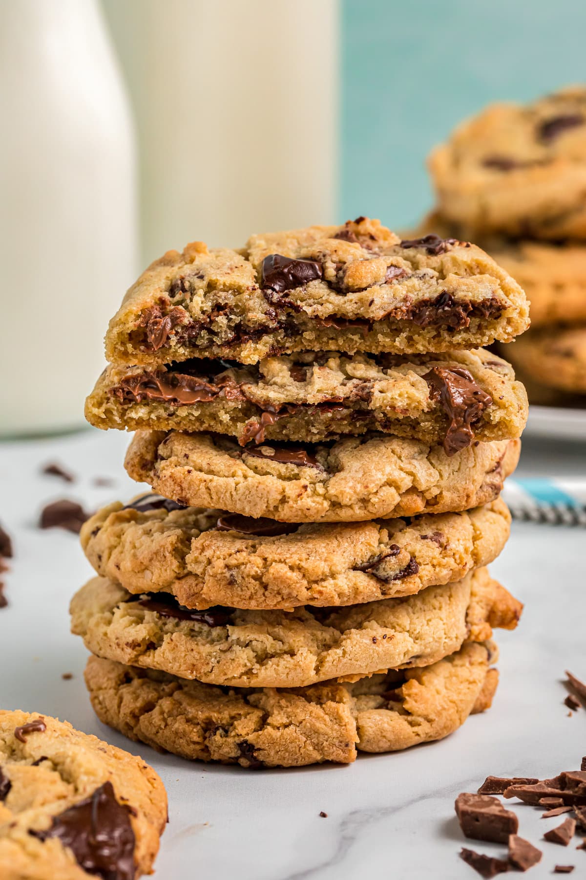 Stacked chocolate chunk cookies recipe image.