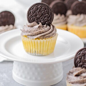 Oreo cupcakes topped with an Oreo.