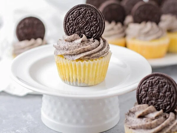 Oreo cupcakes topped with an Oreo.