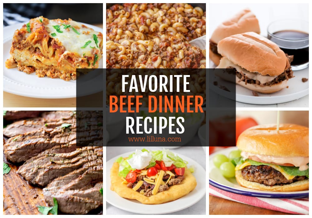 A collage of various beef dinner recipes. 