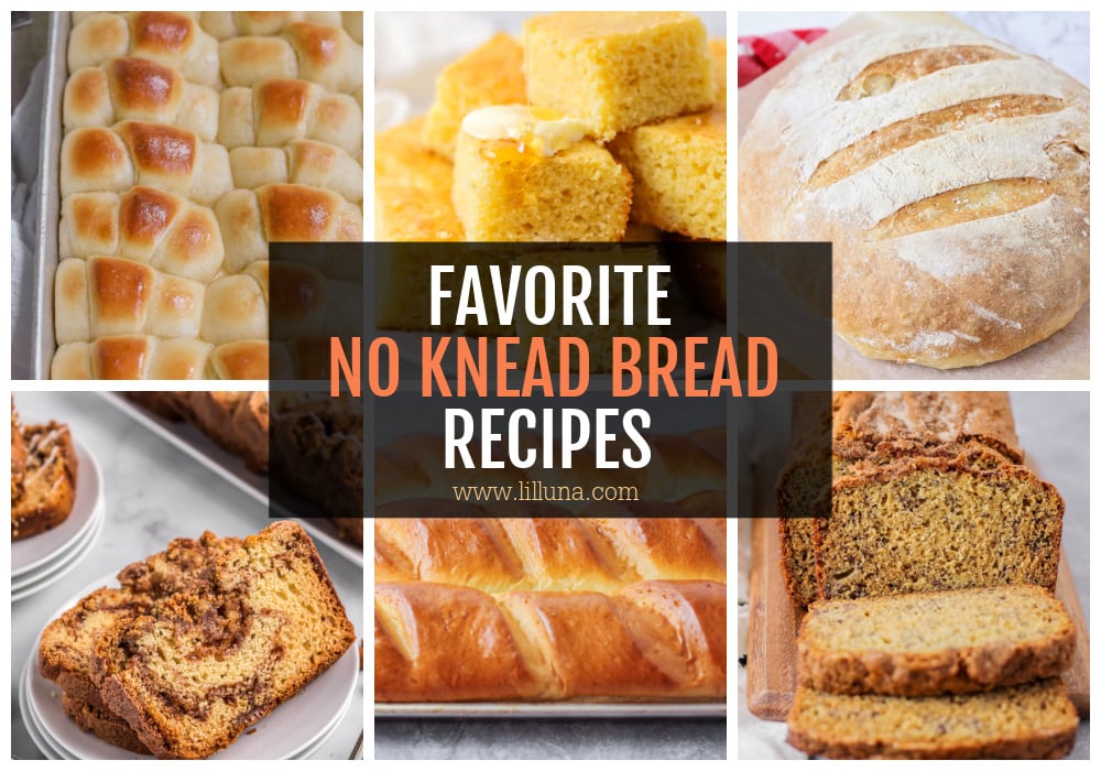 A collage of various favorite no knead bread recipes. 