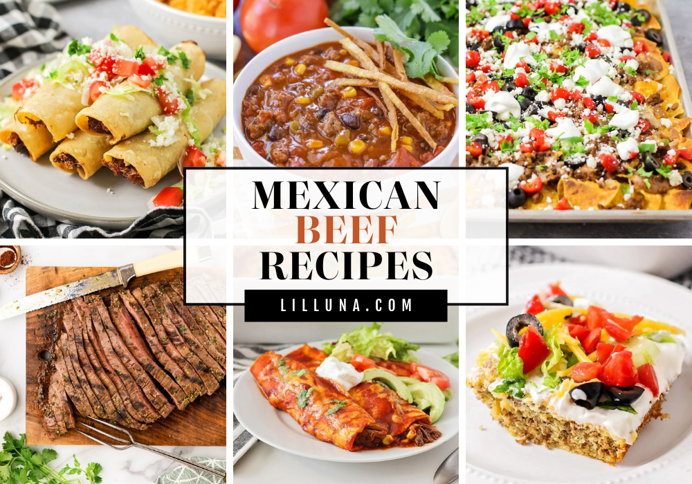 Collage of various Mexican beef recipes.