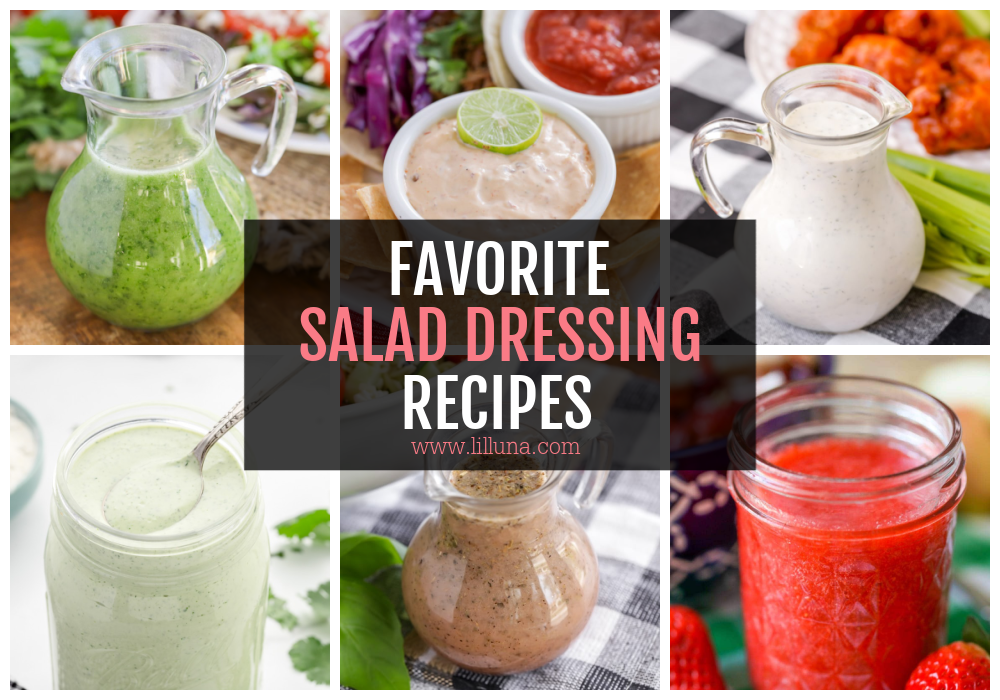 A collage of various salad dressing recipes.