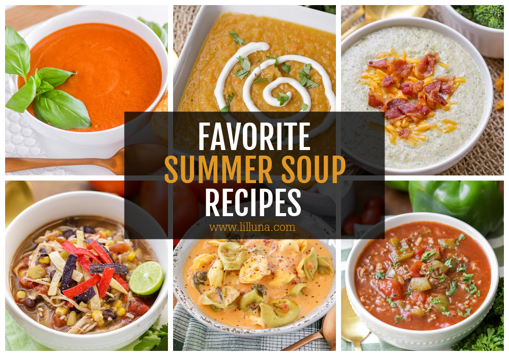 A collage of multiple summer soups.