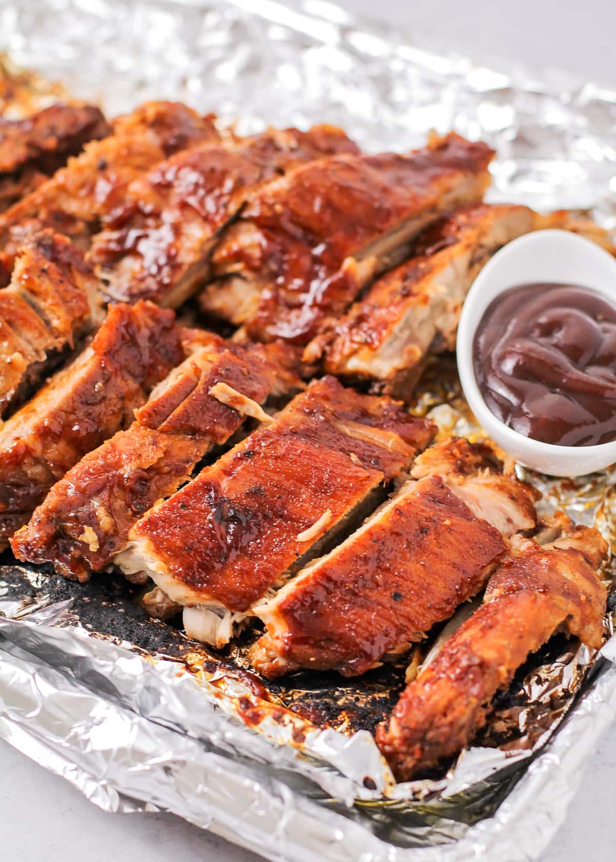 Close up of sliced baby back ribs ready for serving.