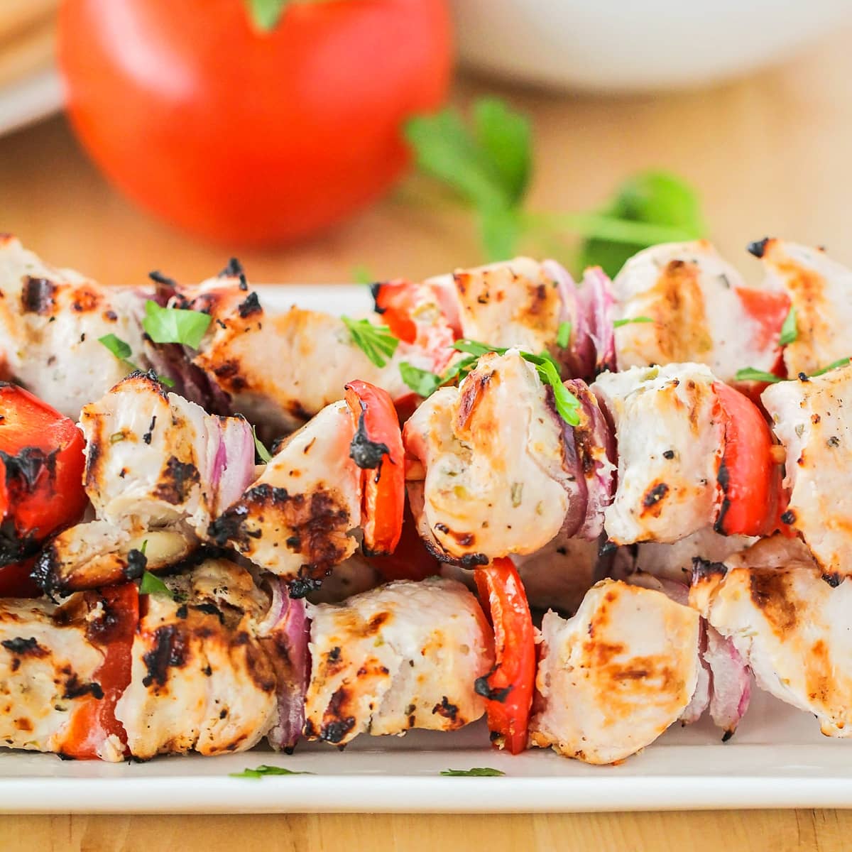 Chicken souvlaki close up image.