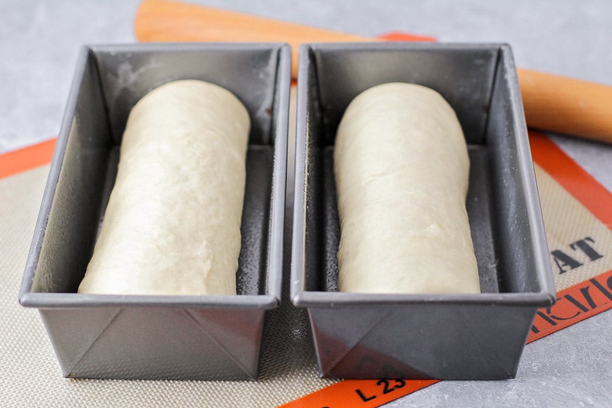 Two loaf pans filled with easy white bread recipe dough for rising.