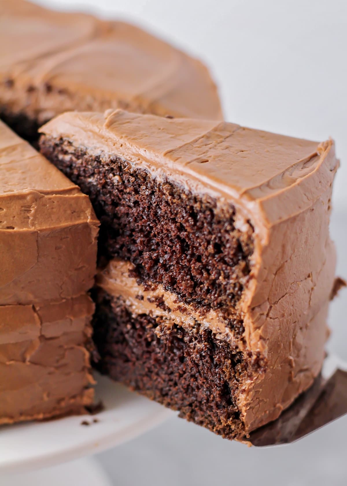 Easy chocolate cake slice being dished out.