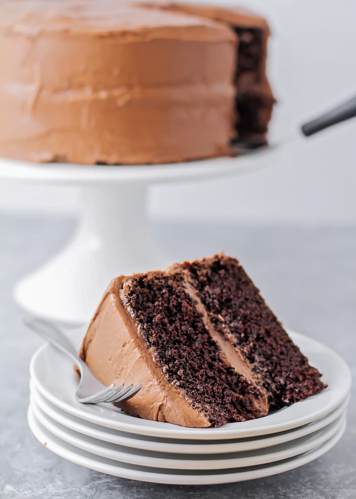 Easy chocolate cake slice close up image on plates.