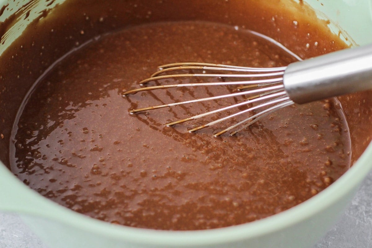 Chocolate cake batter in bowl.