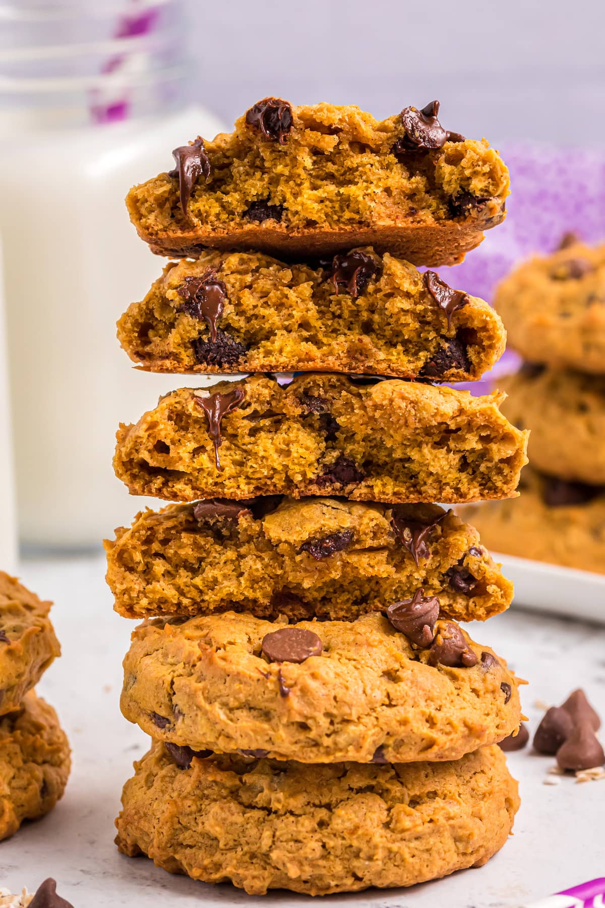 Pumpkin Oatmeal Chocolate chip cookies stacked on each other.