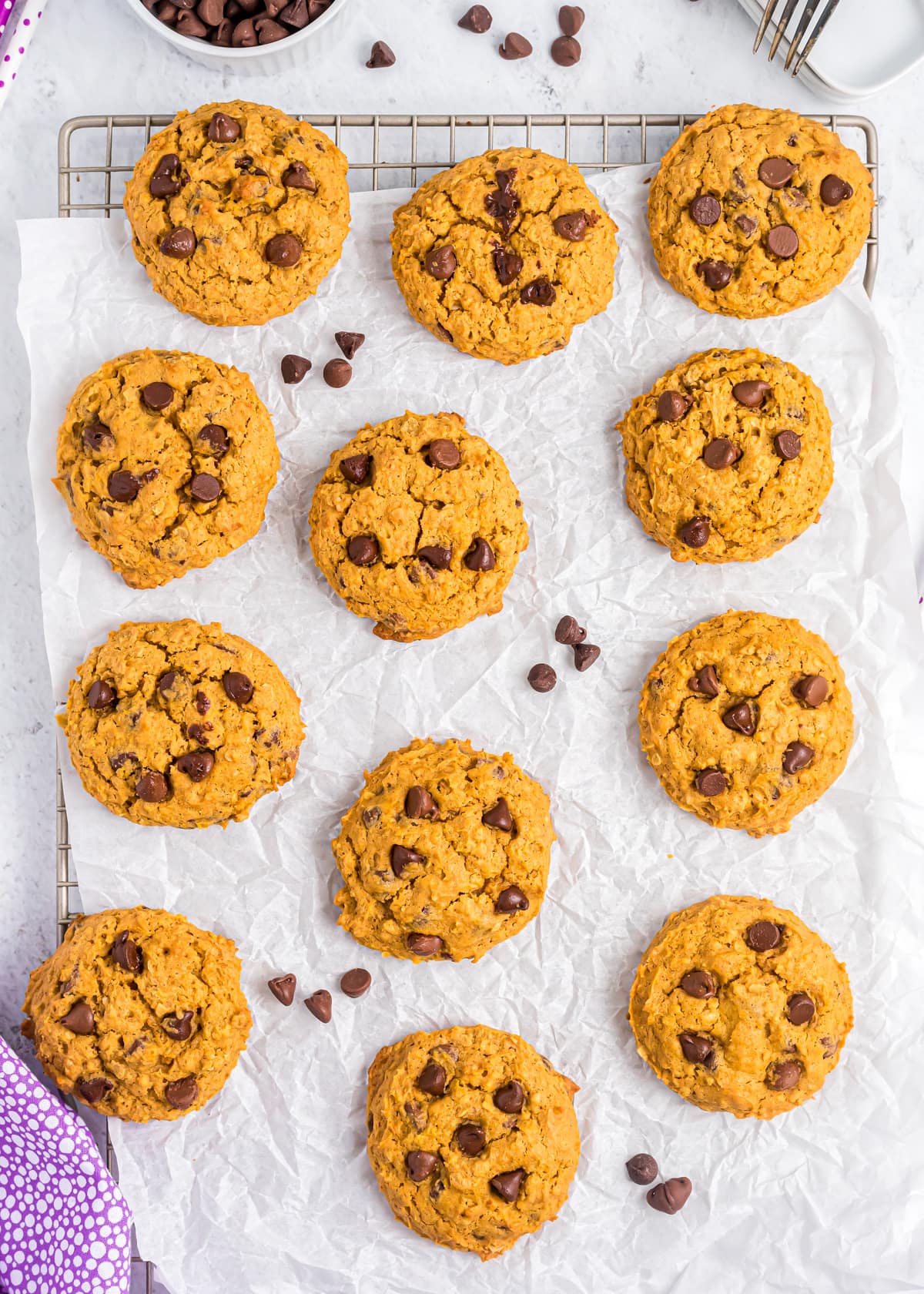 Pumpkin Oatmeal Chocolate Chip Cookies on parchment paper.