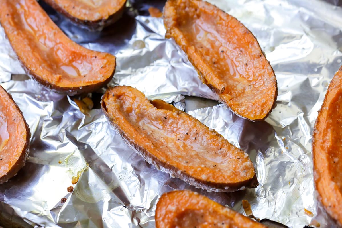 Baked sweet potatoes for sweet potato appetizer.