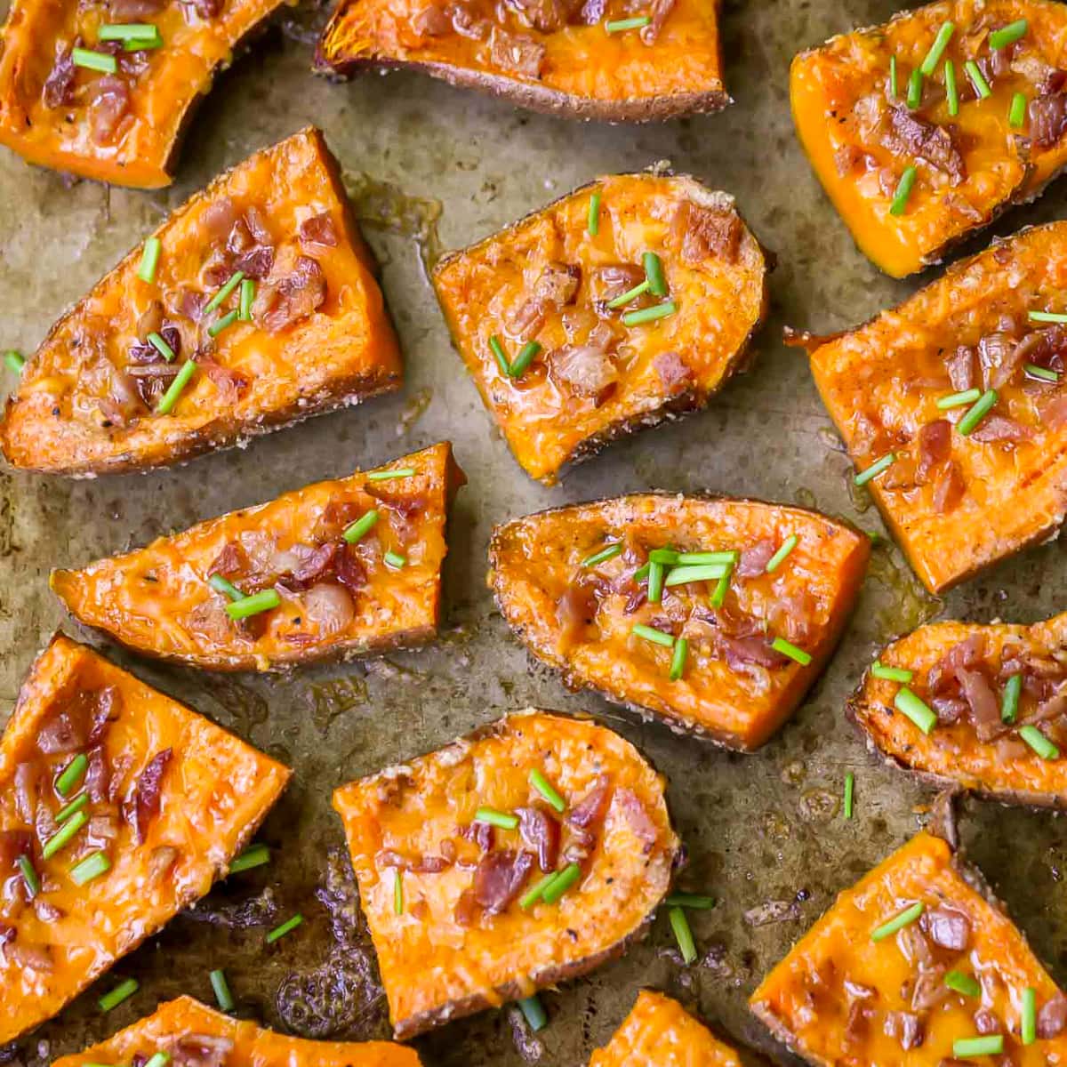 Sweet Potato Skins topped with crispy bacon and chives