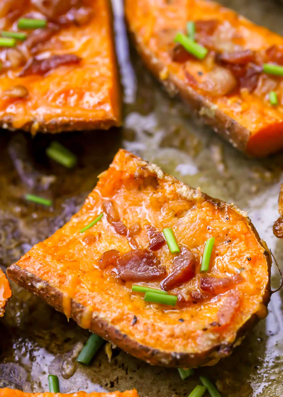 Sweet potato skins recipe with bacon and chives.
