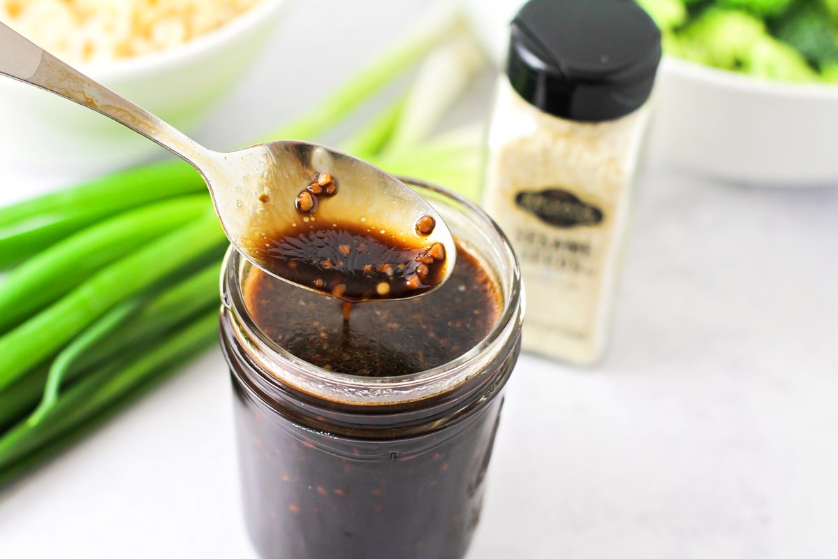 Homemade teriyaki sauce in a mason jar.