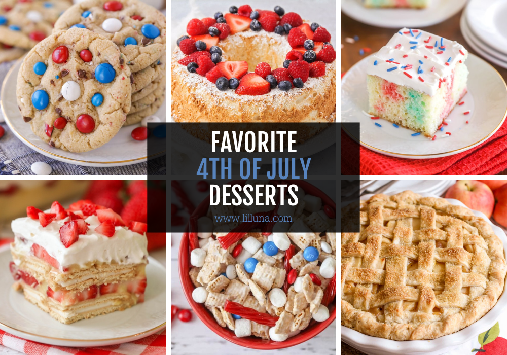 Collage of multiple 4th of July desserts.