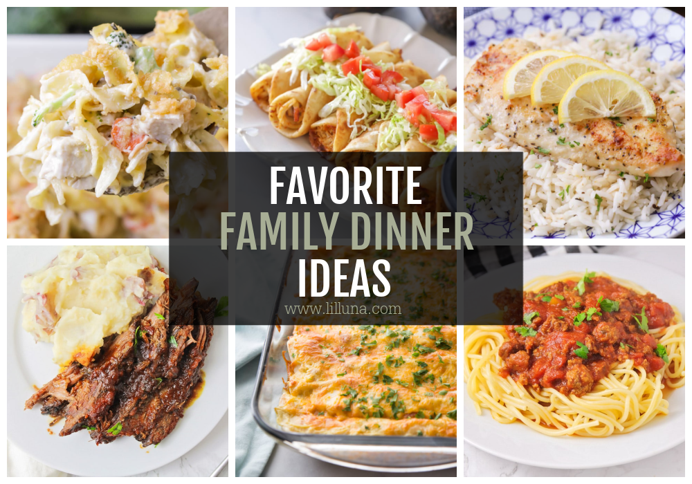 A collage of several family dinner ideas.