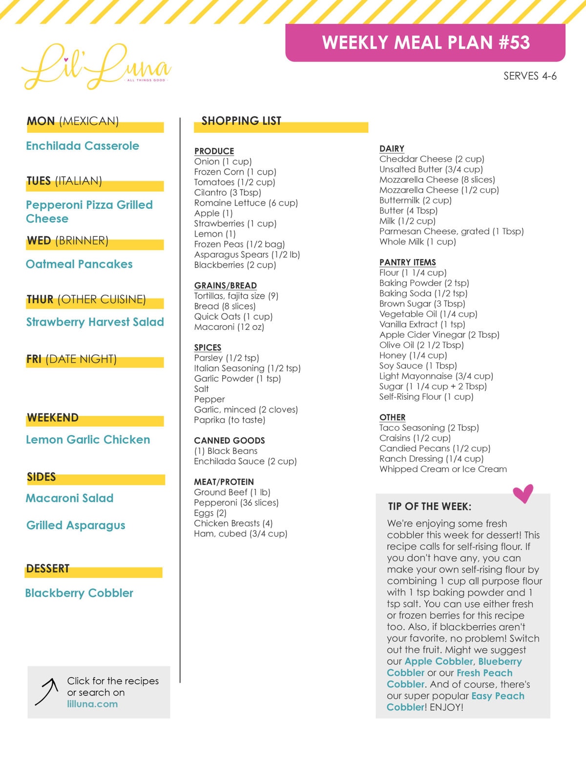 Printable version of Meal Plan #53 with grocery list and tip of the week.