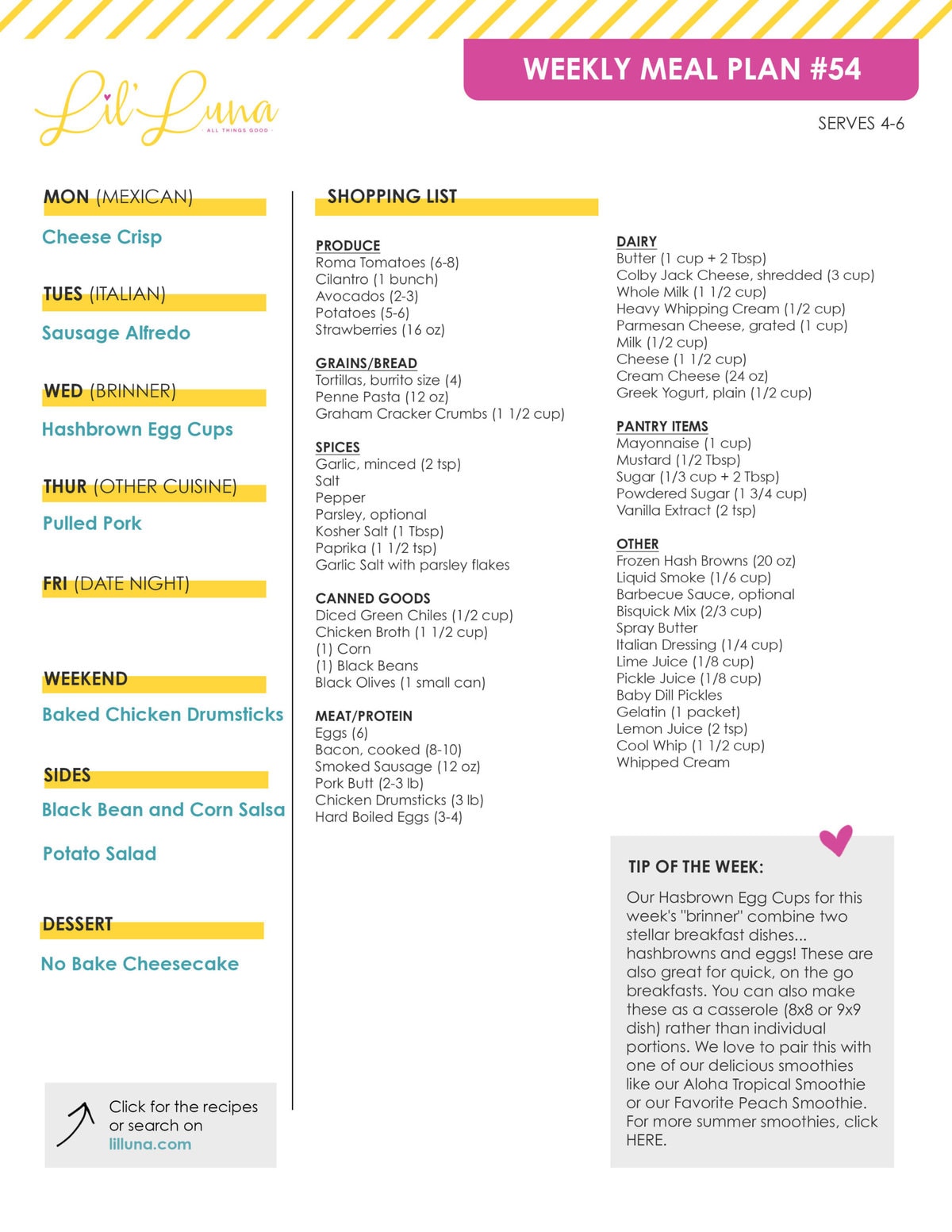 Printable version of Meal Plan #54 with grocery list.