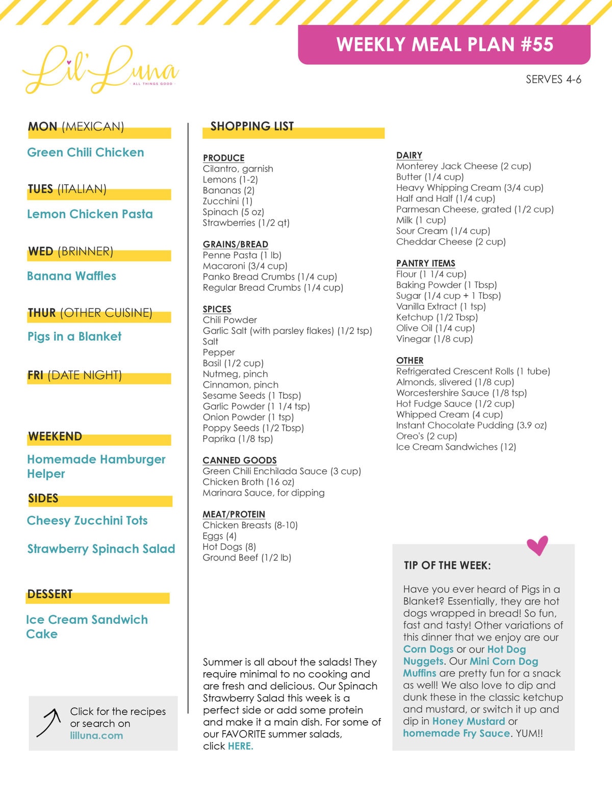 Printable version of Meal Plan #55 with grocery list.