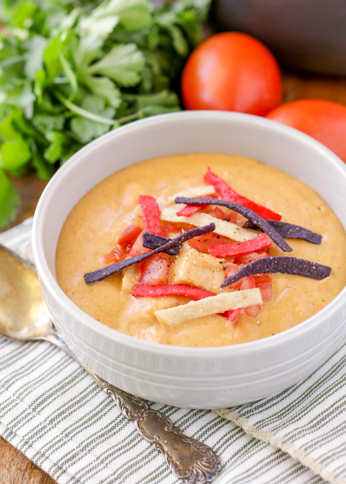 Chili's enchilada soup recipe in gray bowl with spoon.