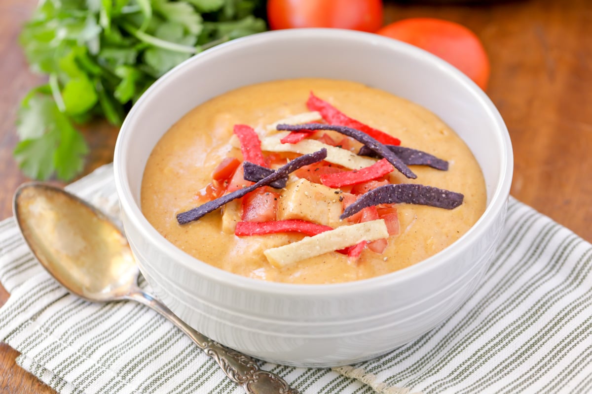 Chili's chicken enchilada soup in a white bowl.