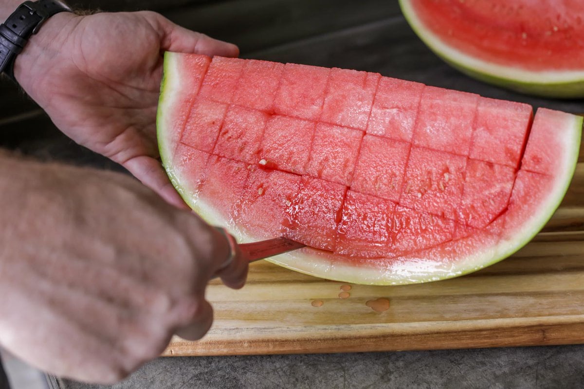 Our favorite way to cut a watermelon - into cubes.
