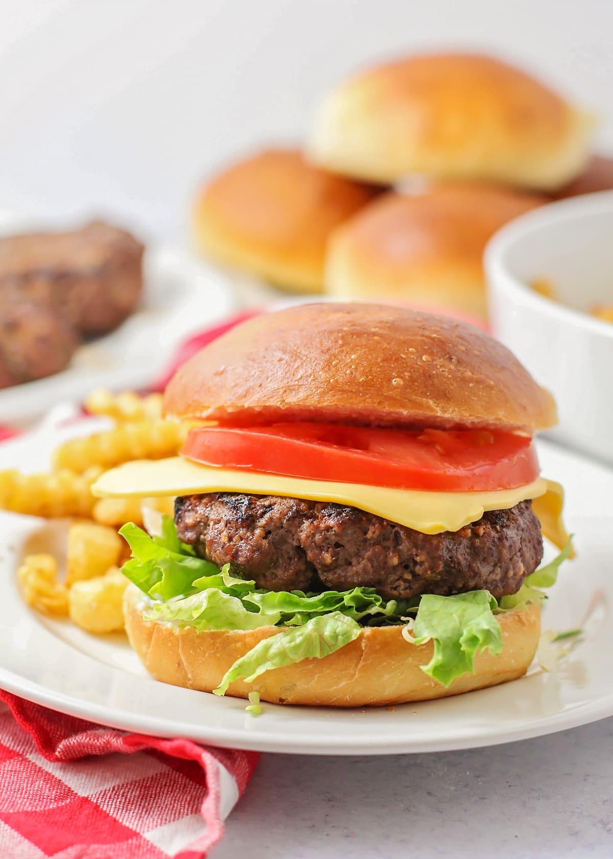 Hamburger recipe served on a bun with lettuce, tomato, and cheese.