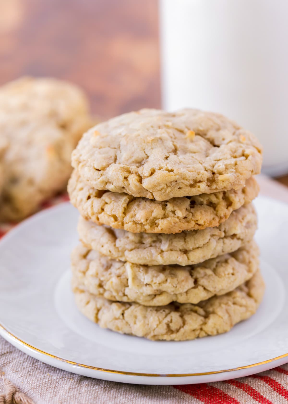 Oatmeal Coconut Cookies recipe close up image stacked on plate.