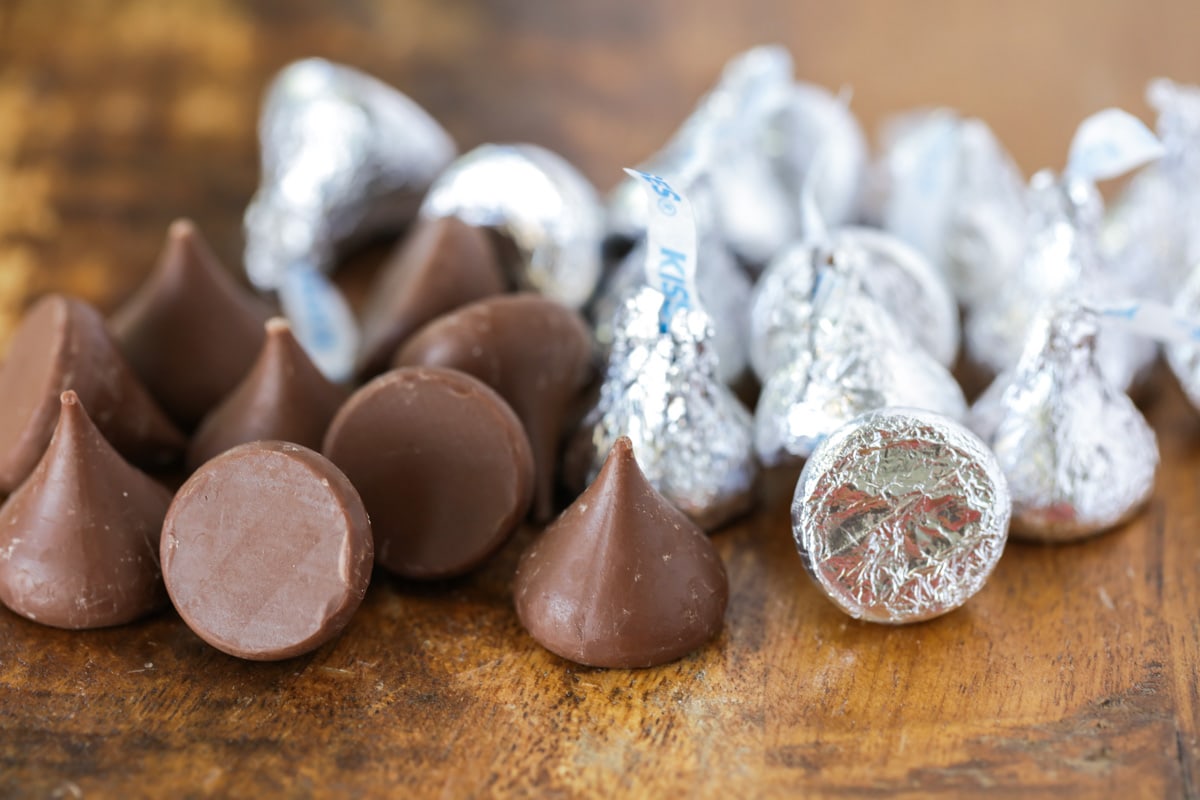 Unwrapped hershey's kisses to use in peanut butter blossoms recipe.